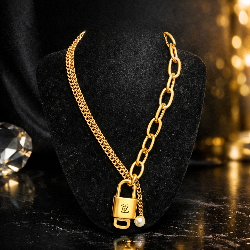Authentic Louis Vuitton Lock & Key w/ Unbranded Stainless Real Pearl Necklace